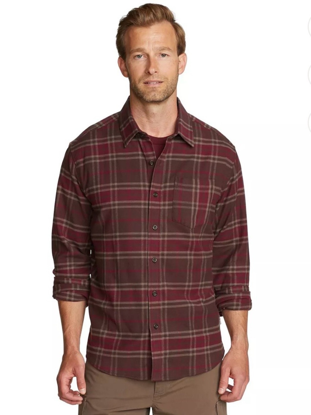 Eddie Bauer Men's Burgundy Plaid Button-Down Shirt medium